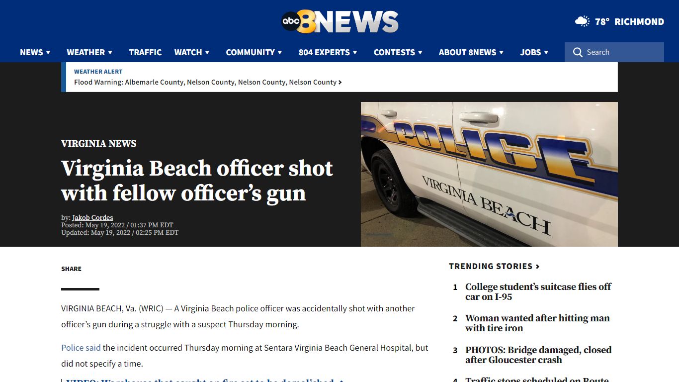 Virginia Beach officer shot with fellow officer’s gun
